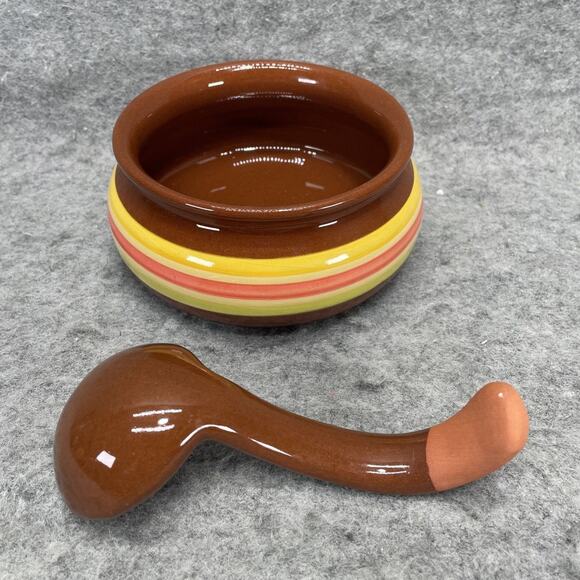VTG Sur La Table Striped Soup Salsa Bowl with Spoon Terracotta Yellow Portugal - Picture 7 of 7